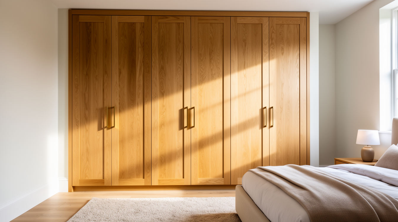 Bespoke fitted oak wardrobe in a contemporary British bedroom